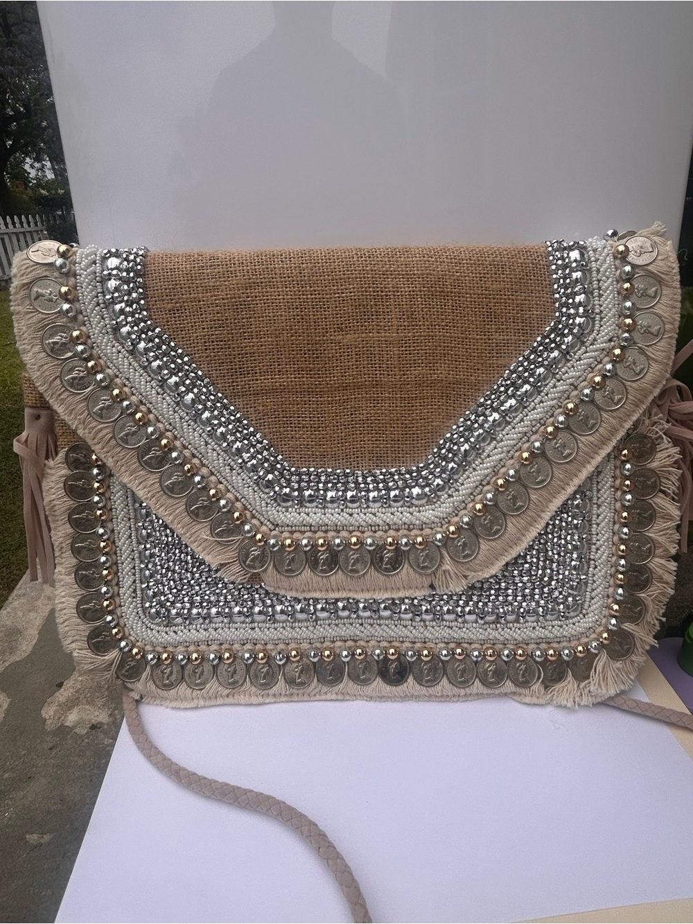 Boho Embellished Beige Fringe Crossbody Bag